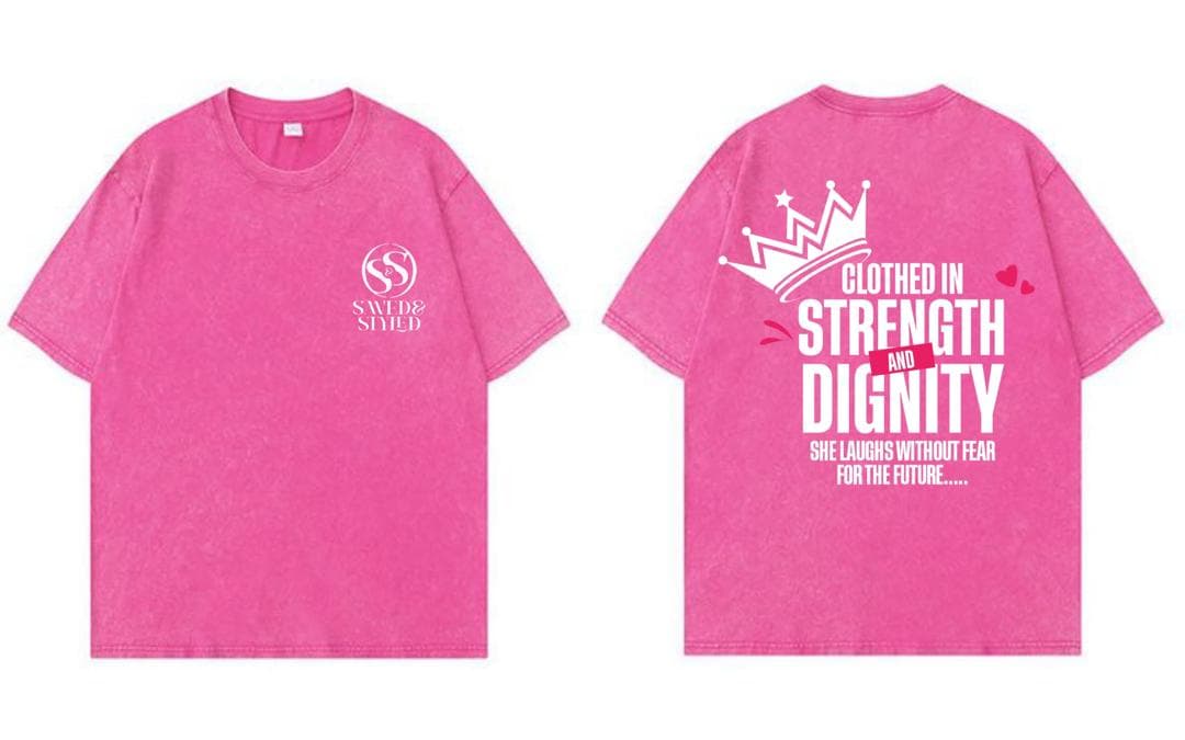 Clothed in Strength Tee, Lilac, front view